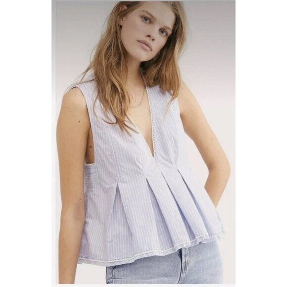 Free‎ People Good Feels Striped Sleeveless Top Size S Poplin Crisp plunge - Picture 1 of 13